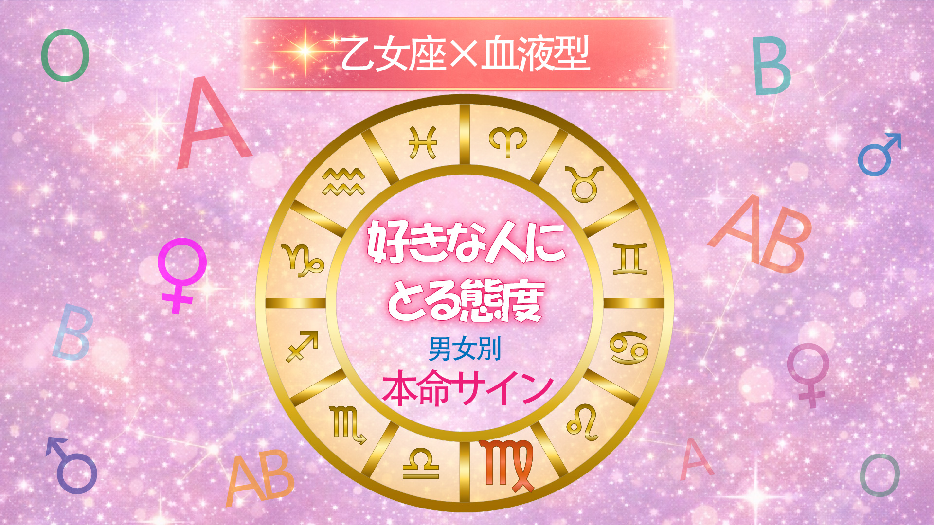 乙女座×血液型の好きな人にとる態度を男女別でまとめた円形ホイールデザインのアイキャッチ画像
